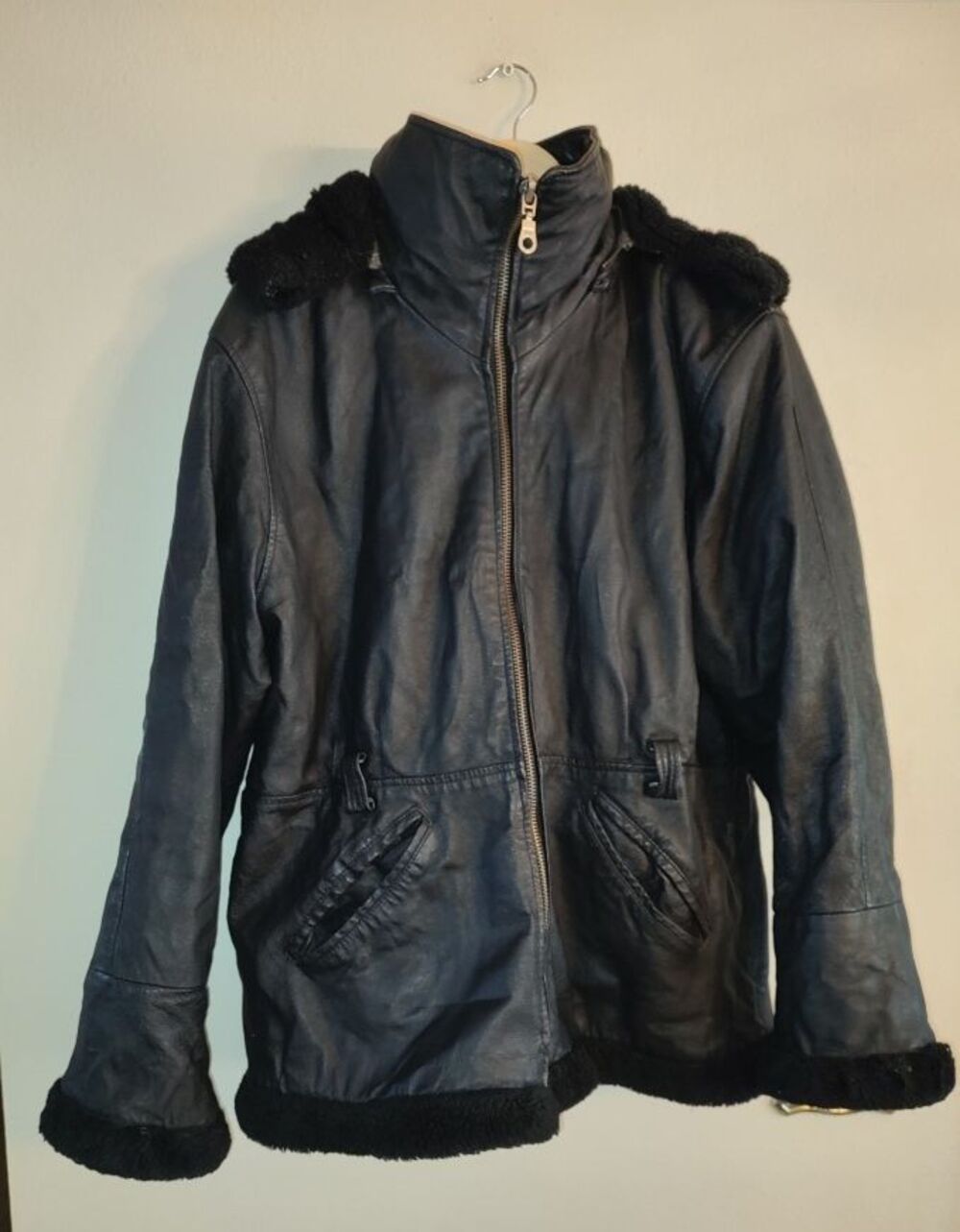 Women's Marcia Collection Italy Skin Black Leather Fur Jacket Coat Size XL